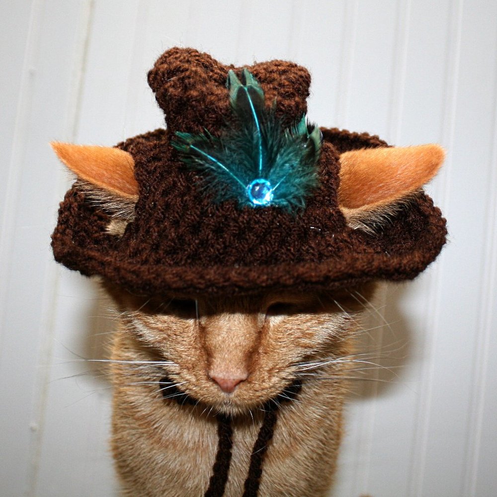 HAND CRAFTED Crochet Cowboy Cat Hat Brown Costume Pet Supply Photo Prop - Picture 5 of 15